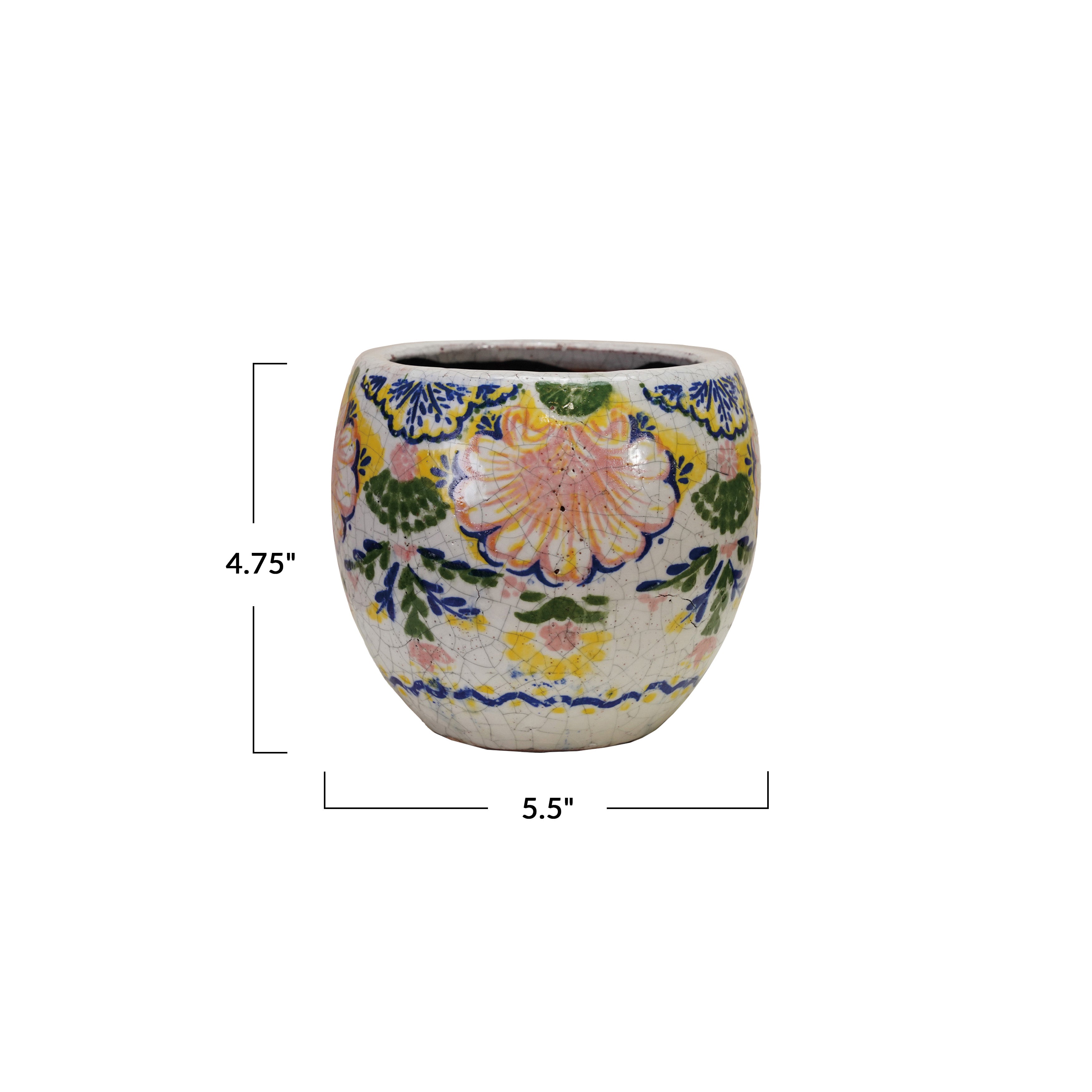 Multicolor Terracotta Planter with Floral Pattern, Crackle Glaze